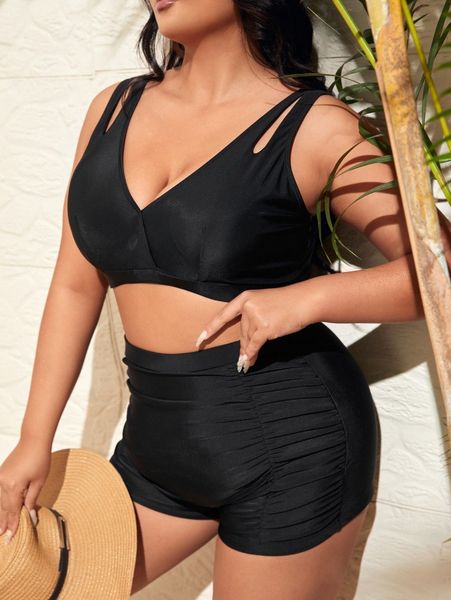 

plus plain ruched bikini swimsuit m0dk#, Black