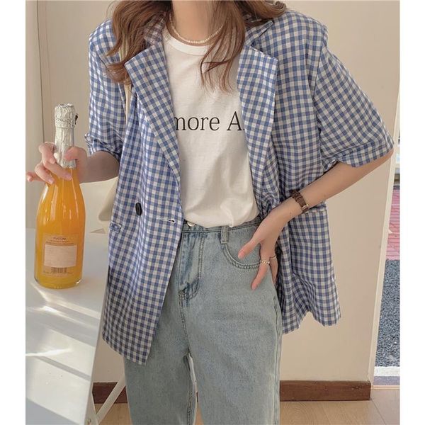 

women's suits & blazers 2colors korean style breif short sleeve plaid blazer womens 2021 summer loose jacket and coats casual (k8183), White;black