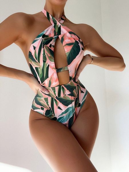 

plant print criss cross halter one piece swimsuit t328#, White;black