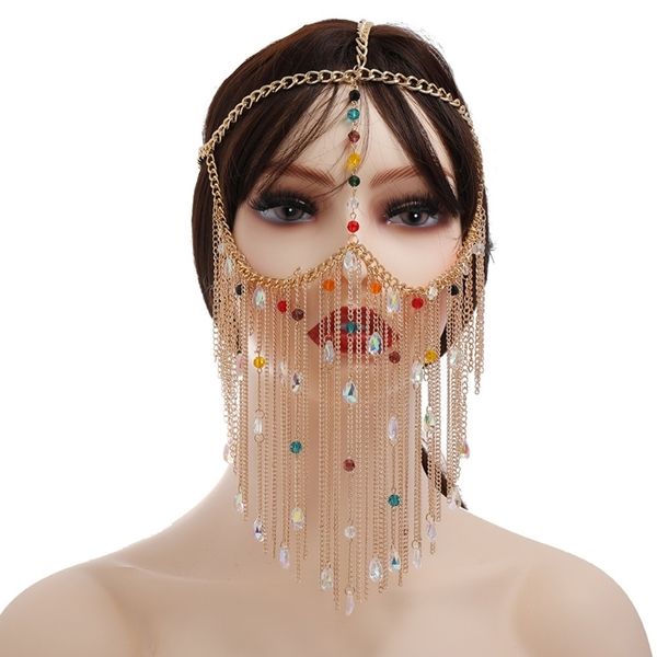 

women masquerade veil metal tassel face chain with colorful faux crystal pendant belly dance stage cosplay party headband, Pink