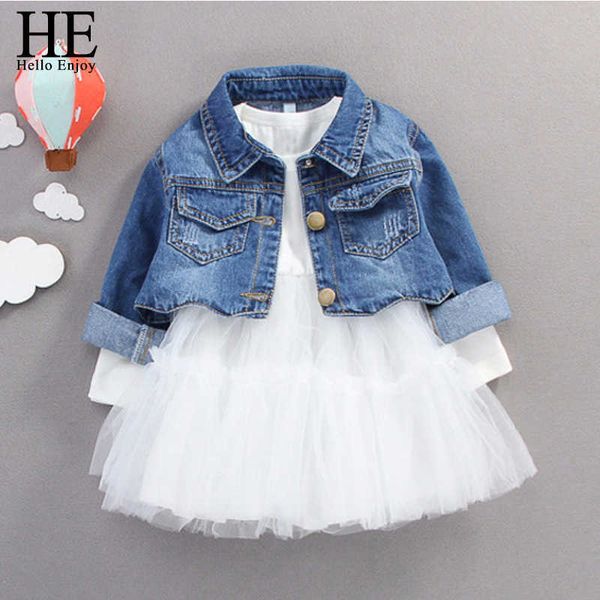 

he hello enjoy baby girls autumn clothing suits new jeans jackets and solid mesh dress children long sleeve princess outfits x0902, White