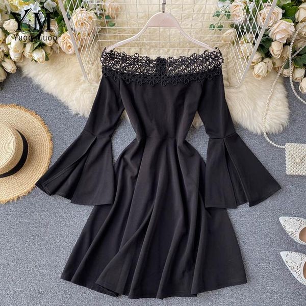 

casual dresses yuoomuoo off shoulder women dress 2021 autumn fashion crochet high waist flare sleeve short ins black red party, Black;gray