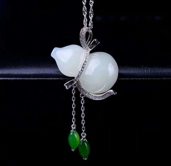 

lockets hetian baiyu silver inlay pendant white jade gourd h20#