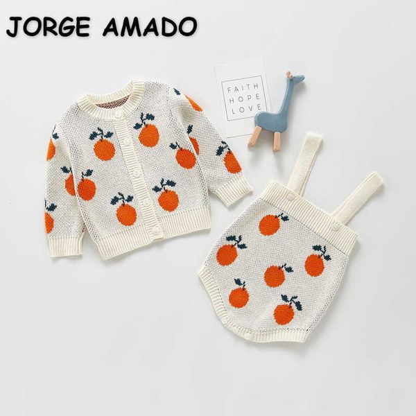 Frühling Baby Mädchen 2-tlg Sets Body + offener Stich Pullover Cartoon Orange Overall Mode Outwear geborene Kleidung E05 210610