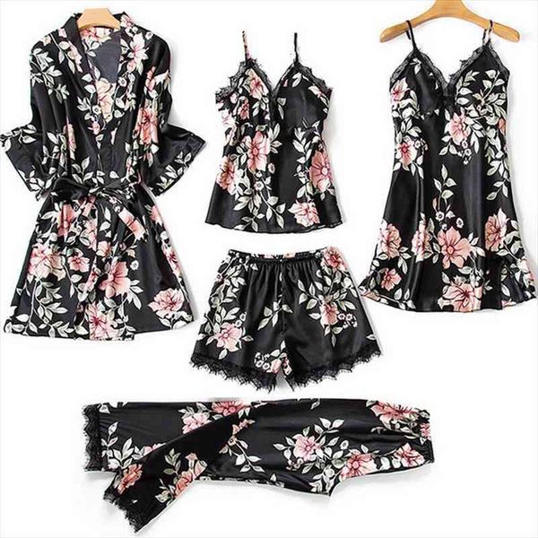 

5 pcs set lace floral print pajamas women suit women satin pyjamas nightwear kimono robe soft homewear sleepwear plus, Black;red