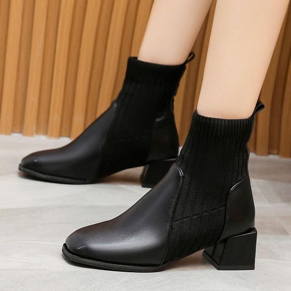 

boots square head heel high women's short ankle 2021 autumn fashion platform elastic fabric casual, Black
