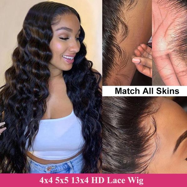 

lace wigs brazilian loose wave hd transparent wig 30inch human hair 4x4 closure deep with baby for women, Black;brown