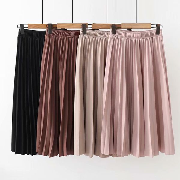 

spring summer women high waist skirt solid color pleated skirt women causal midi skirts 210426, Black