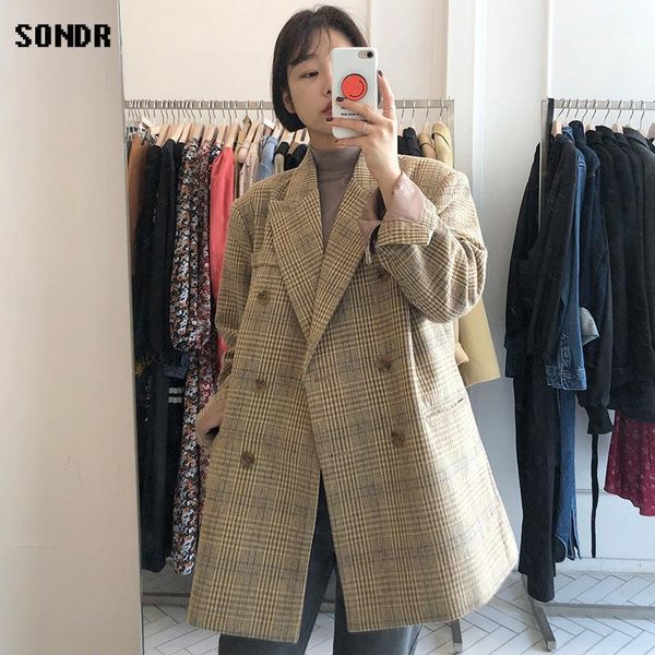 

korean chic women's coat 2021 autumn fashion jacket vintage double breasted plaid blazer woolen woman casual loose wool & blends, Black