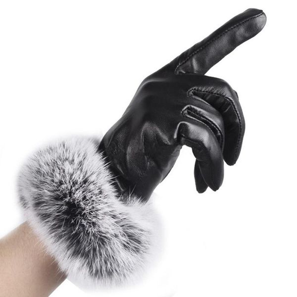 Fingerlose Handschuhe 1 Paar Frauen PU-Leder/Wildleder Samt Winter Fahren Warm Pelz Outdoor Touchscreen Schleife Fäustlinge 8C0049