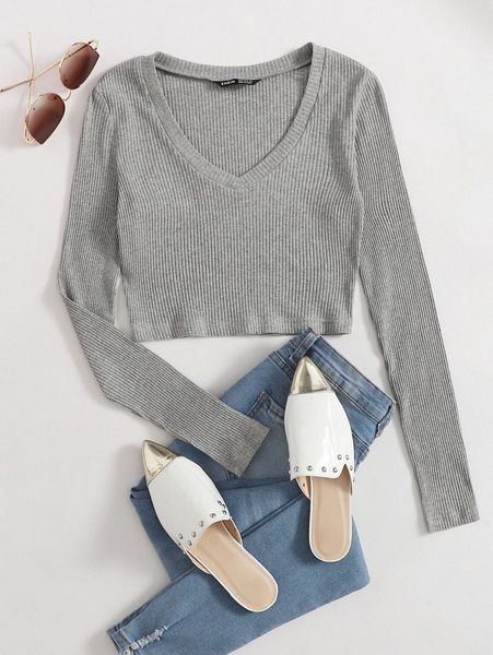 

v neck rib-knit crop l9q8#, White