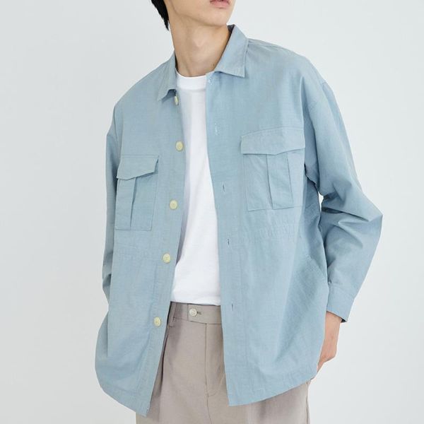 

men's casual shirts 100% cotton shirt spring autumn outerwear long sleeve solid color tooling cargo coat double chest pocket, White;black