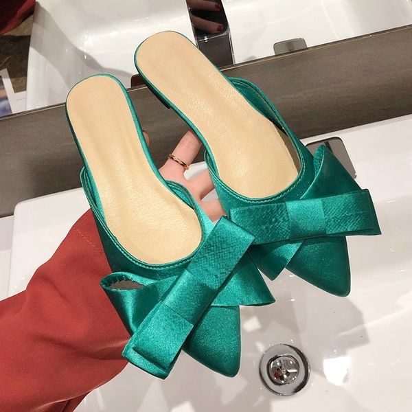 

slippers spring and summer women's shoes korean silk satin pointed bow tie baotou flat heel sets semi 2021, Black