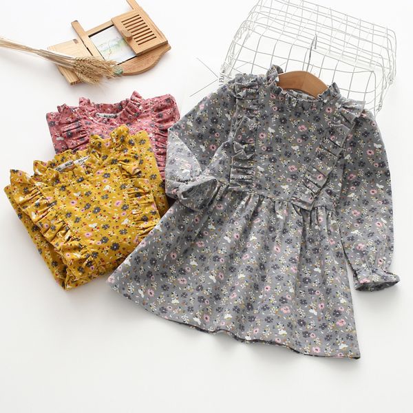 

girl's dresses new spring princess cotton clothing for kids full printed flower infant long sleeve girls dress c0223, Red;yellow