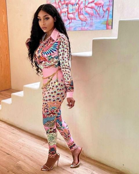 

women's two piece pants women two-piece set autumn and winter print suit tight collar office high waist fashion, White