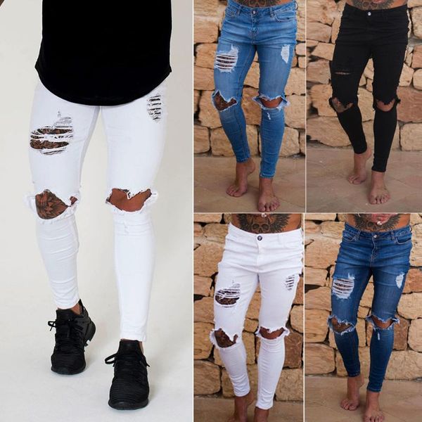 

men's jeans knee ripped holes skinny stretch denim pencil pants fashion slim fit hip hop men streetwear joggers, Blue