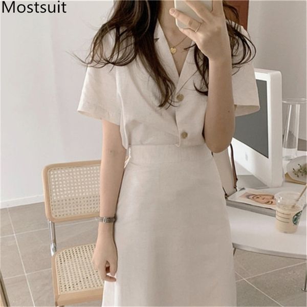 

korean solid fashion two piece skirt sets women short sleeve blazer + high waist long suits office elegant set femme 210513, White