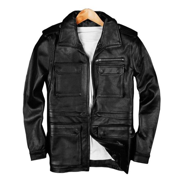 

men's leather & faux classic m65 multi pockets hunting genuine jacket cowboy motorcycle suit men coat, Black