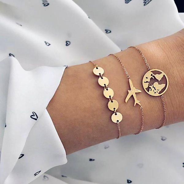 

charm bracelets 3 pcs women classic bracelet set plane maps decor bangles lady luxury jewelry ac889, Golden;silver
