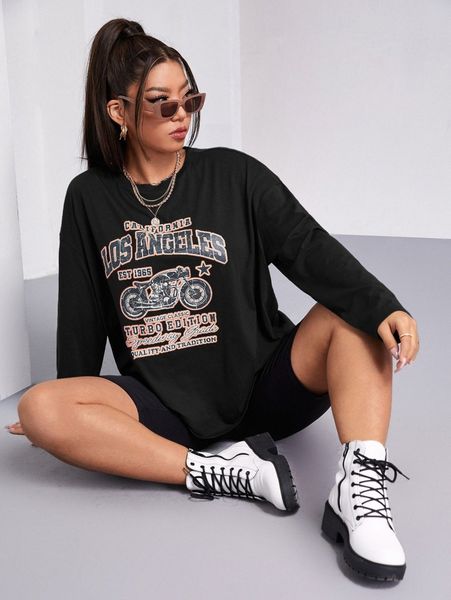 

plus motorcycle & slogan print round neck tee b6bn#, Black;gray