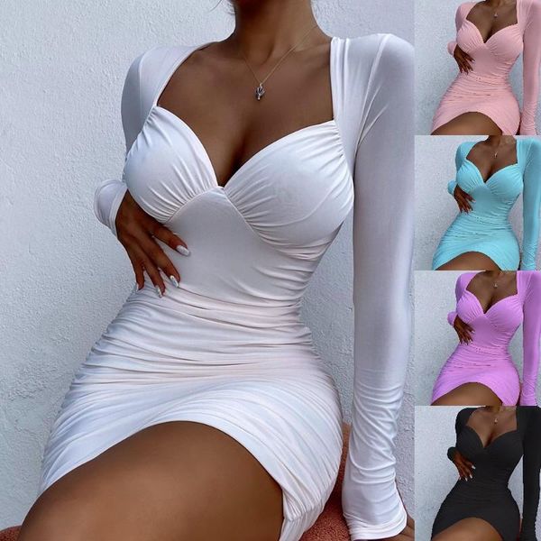 

casual dresses women v-neck mini dress summer 2021 solid lady short skirts pullover long sleeves sheath club, Black;gray