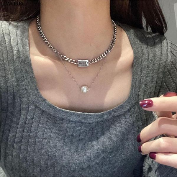 

chains vintage titanium steel necklace geometric layered pearl pendant women's clavicle chain sweater jewelry, Silver