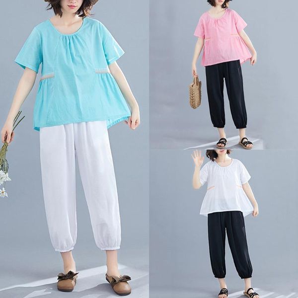 

women's blouses & shirts arrival loose sloid color women short sleeve summer o-neck blouse blusa chemisier dÃ©contractÃ©, White