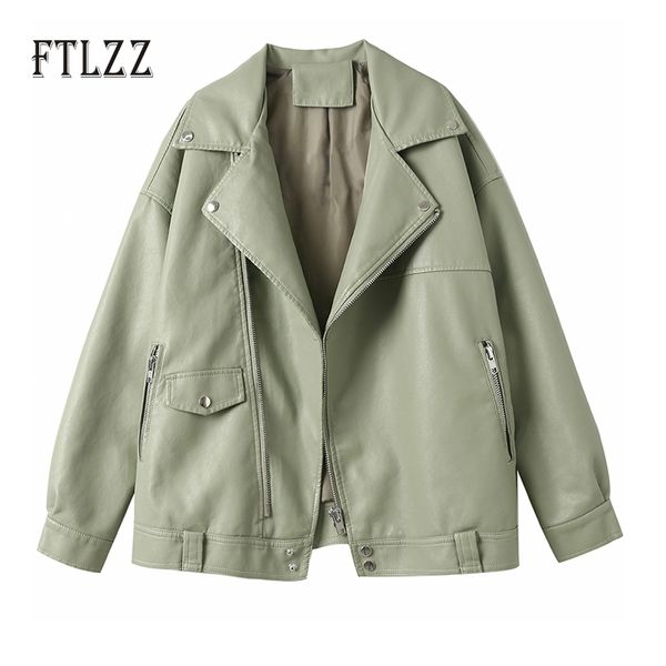 

pvc jacket women big size loose leather coat autumn turn down collar zipper outwear ladies biker moto puffer 210602, Black