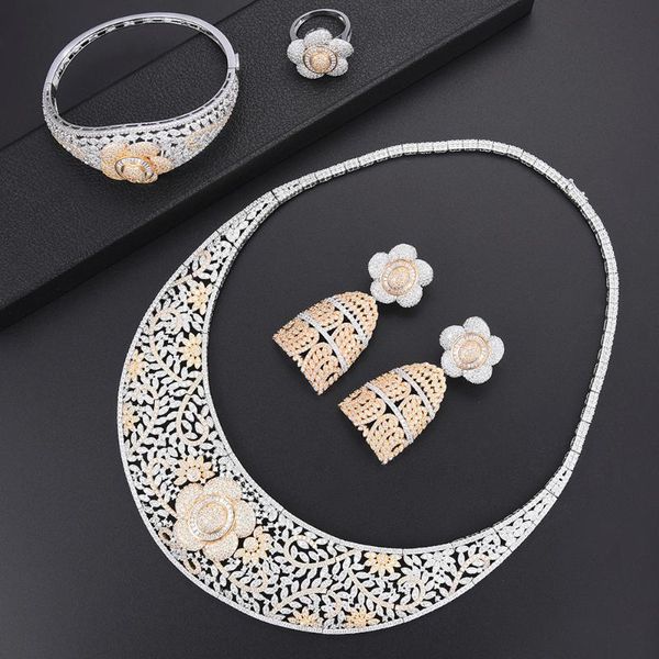 

earrings & necklace larrauri 4pcs charms statement flower jewelry sets necklace/bangle/ring/earrings luxury full cubic zirconia jewellry for, Silver