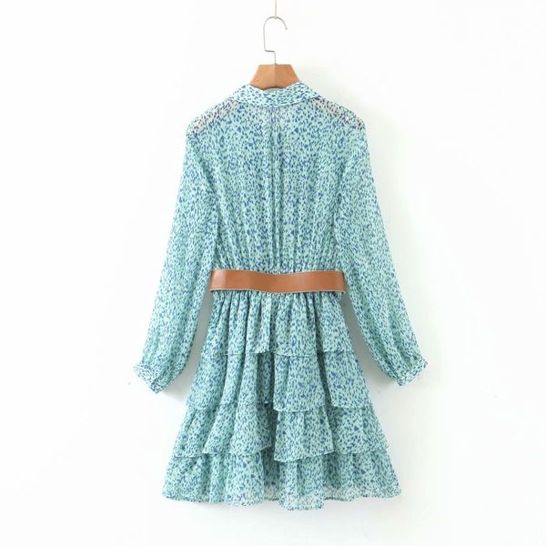 

a line new women leopard print cascading ruffles sashes cake dress female long sleeve chiffon vestidos casual slim brand dresses, Black;gray