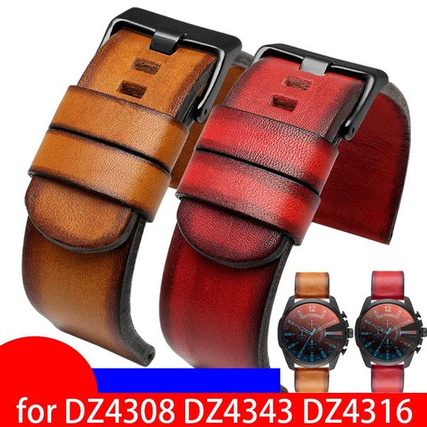 

watch bands retro genuine leather watchband 22mm 24mm 26mm 28mm wristwatches band for dz4308 dz4343 dz4316 strap quality, Black;brown