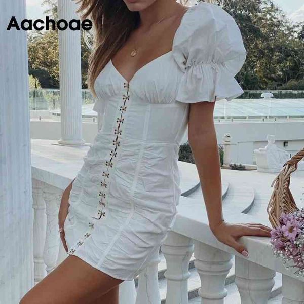 Kadınlar Seksi V Boyun Beyaz Mini Fırfır Puf Kısa Kollu Şık Parti Elbiseler Chic Payetli Düğmeler Bodycon Elbise 210413