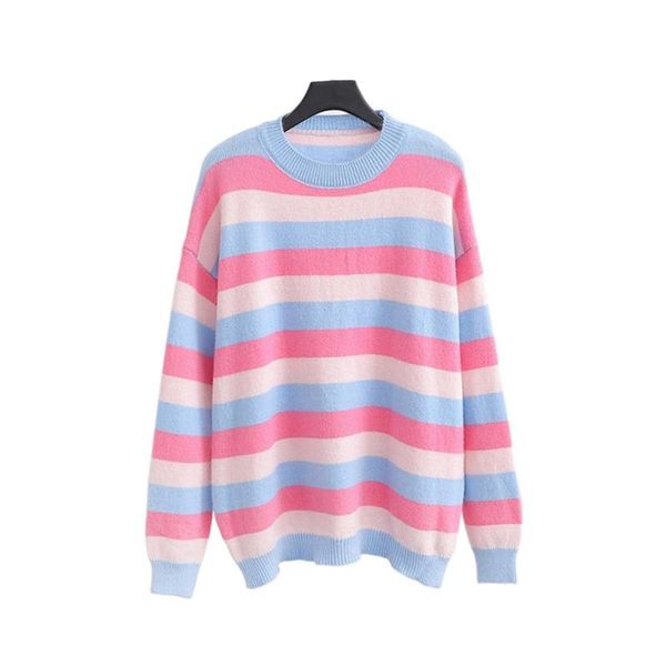 

women's sweaters rainbow striped jacquard women knit pullovers 2021 winter long sleeve warm korean fashion girly sweet style soft, White;black