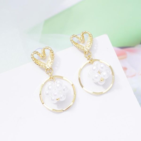 

fashion elegant heart earings gold color drop earrings for women girls simulated pearl wedding jewelry dangle & chandelier, Silver