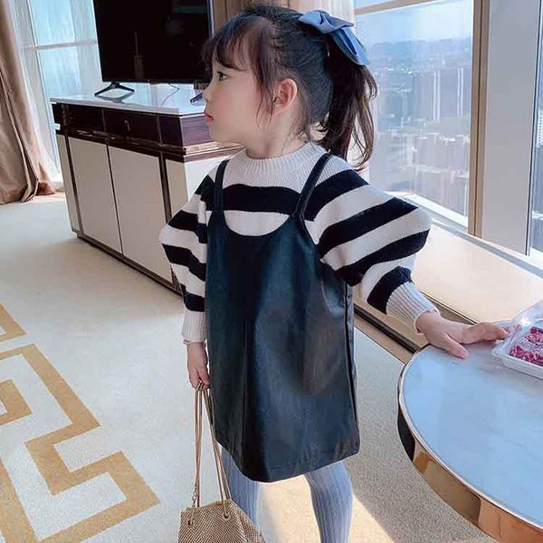 

girls suit autumn style childrens striped sweater + pu vest skirt two-piece suit fashion new girls clothing sets 2-6 years, White