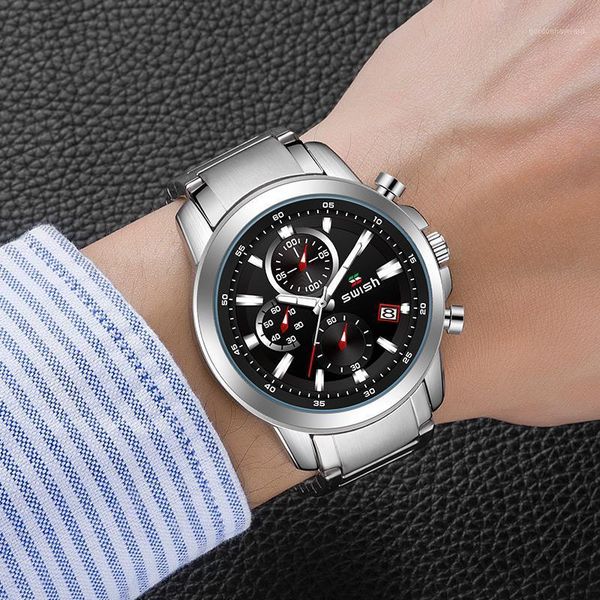 

wristwatches swish 2021 stainless steel military watches men fashion silver business chronograph watch sports quartz wristwatch kol saati, Slivery;brown