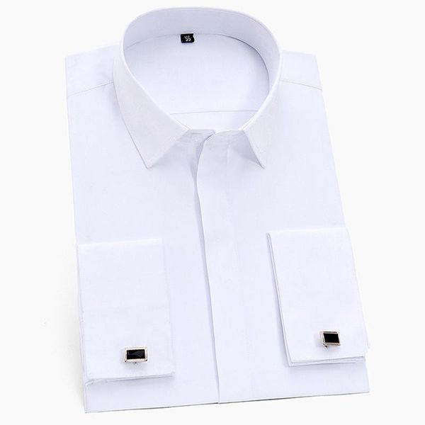 

men's classic hidden buttons french cuff solid dress shirt formal business standard fit long sleeve shirts with cufflinks, White;black