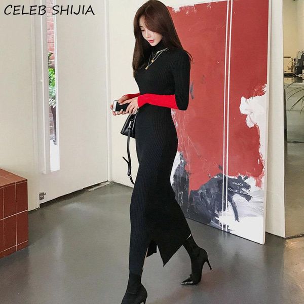 

casual dresses chic black woolen knit dress woman turtleneck long sleeve slim waist knitting vestido korean elegant warm knitwear, Black;gray