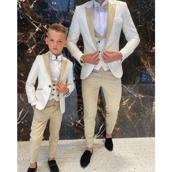 Herrenanzüge Blazer Vater und Sohn Männer Hochzeit Smoking 3 Stück Weiß Blumenmuster Slim Fit Cocktail Party Bräutigam Maßgeschneidert