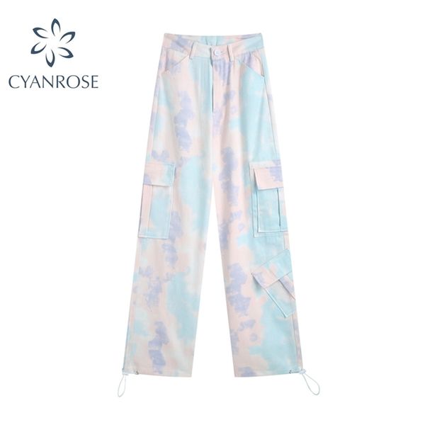 Pantaloni Tie-dye Harajuku Donna Estate Stile coreano Streetwear Moda casual allentata Safari Gamba larga Donna lunga 210515