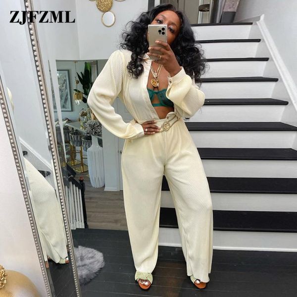 

women's two piece pants casual wear beige pantsuits turn down collar buttons long sleeve shirt and loose straight wide leg trouser, White