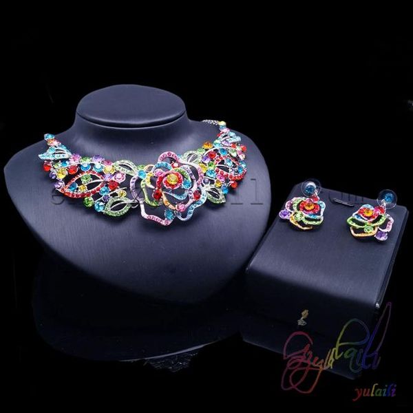 

earrings & necklace 2021 fashion jewelry bridal accessories colorful crystal women set, Silver