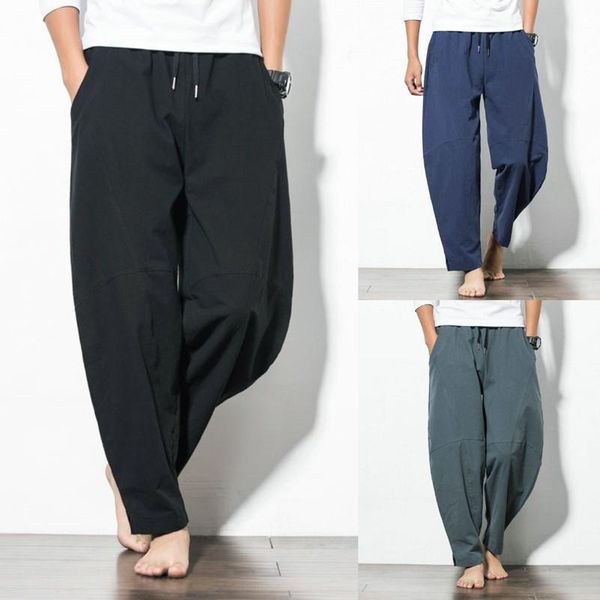 

men's pants linen casual elastic waist drawstring yoga beach trousers, Black