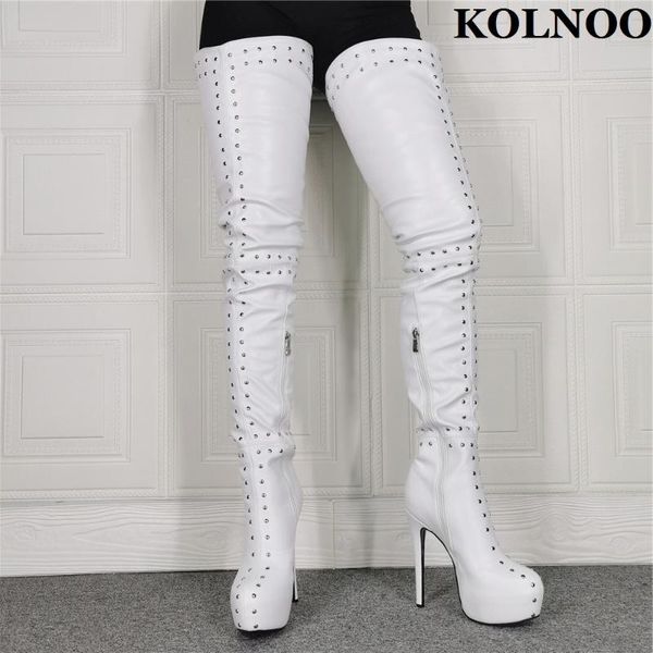 

boots kolnoo real pos ladies thigh high rivets spikes platform evening club over knee fashion winter party shoes, Black