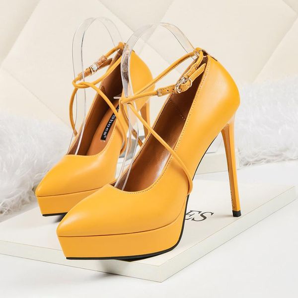 

dress shoes 2021 summer women 12cm thin high heels platform pumps female elegant sweet yellow pointed toe stiletto wedding, Black
