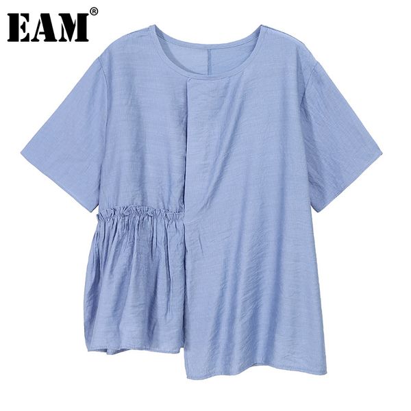 

[eam] women blue pleated irregular multicolor t-shirt round neck short sleeve fashion spring summer 1dd8685 21512, White