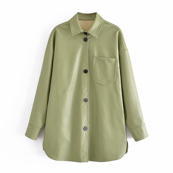 

autumn style pocket decoration loose solid color imitation leather shirt coat, Black;brown