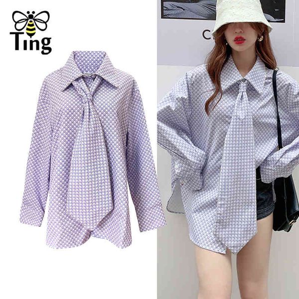 

spring autumn women casual crystal blouses with necktie turn down collar oversize houndstooth blusas female shirt za 210513, White