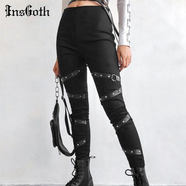 

women's pants & capris insgoth y2k goth grunge rivet belt patchwork harajuku punk slim high waist black e girl street autumn trousers, Black;white