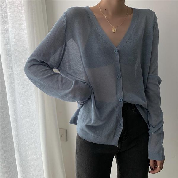 

women's knits & tees cardigan women korean long sleeve summer cropped knitted v neck thin ice silk sweaters sunscreen shirt, White